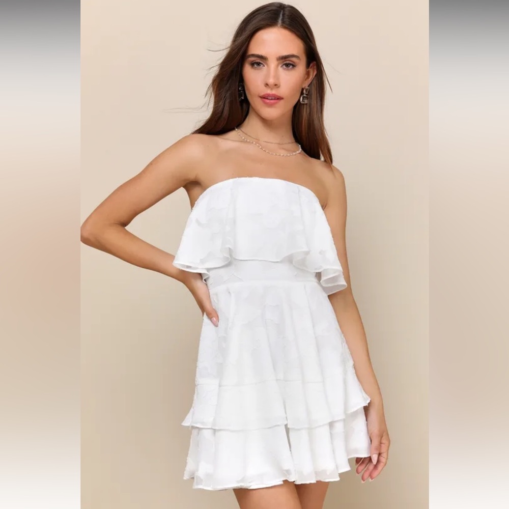 True Lover White Burnout Floral Ruffled Strapless Mini Dress